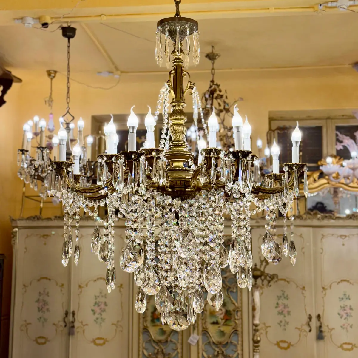 Stunning Antique French Large Brass And Crystal Chandelier - Sold 1