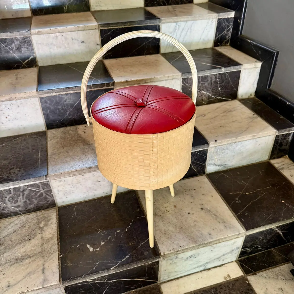 Mid-Century Woven Sewing Box With Red Vinyl Lid, European, C.1960S 1