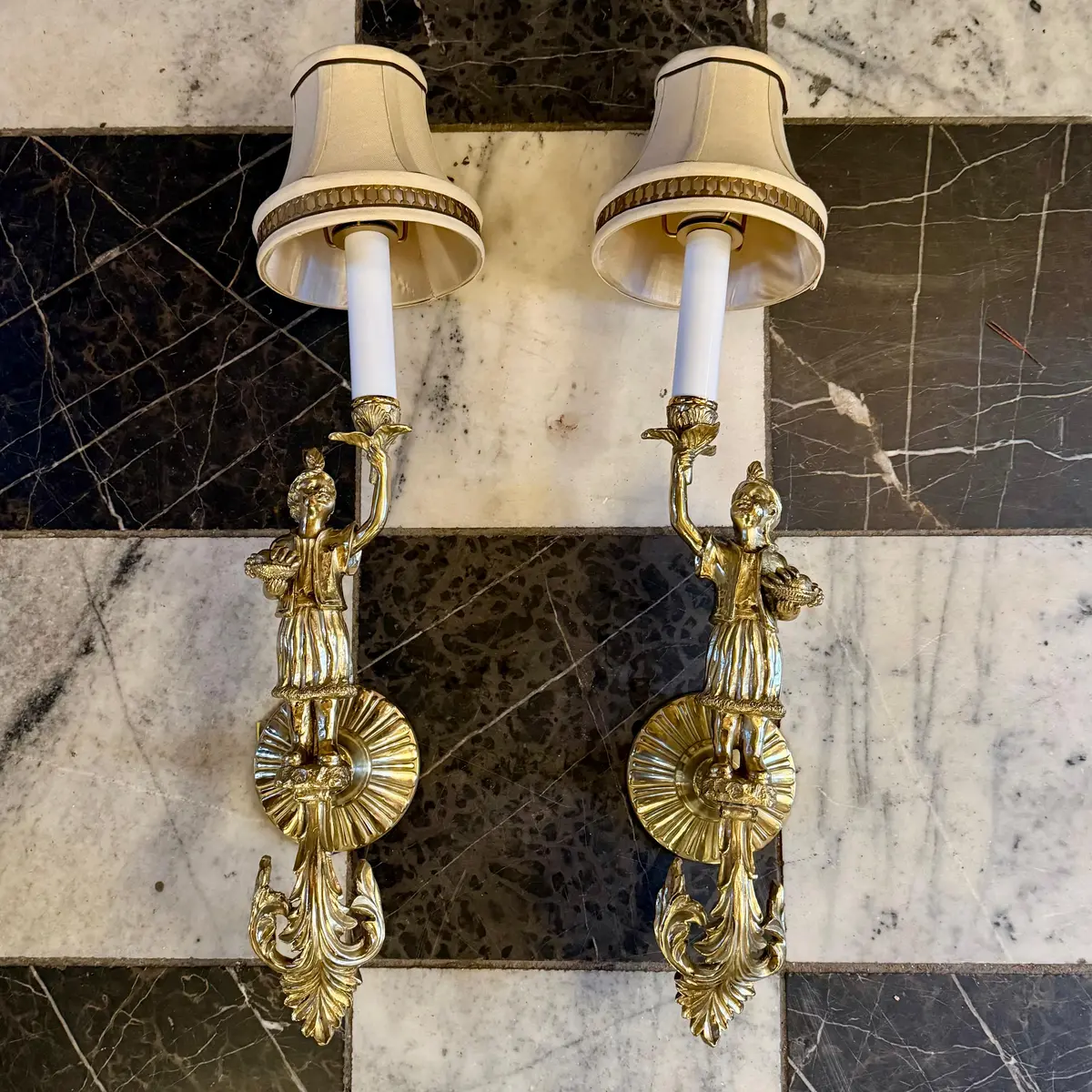 Antique Pair Of Polished Brass Figural Wall Sconces - Sold 1