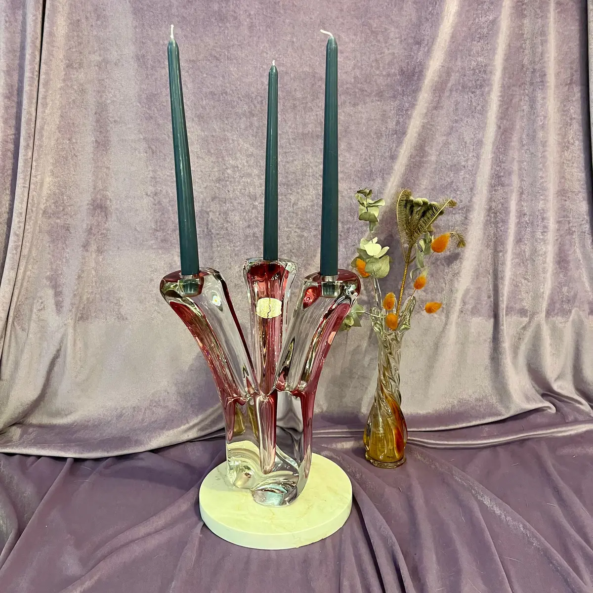 Belgian Mid-Century Red Sommerso Art Glass Candelabra By Val Saint Lambert, C. 1960S - Sold 1