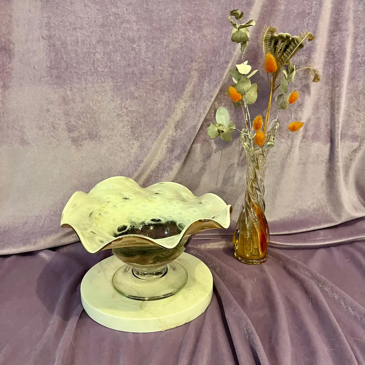 Cream And Caramel Murine Glass Bowl On Marble Base, C. Mid-20Th Century - Sold 2