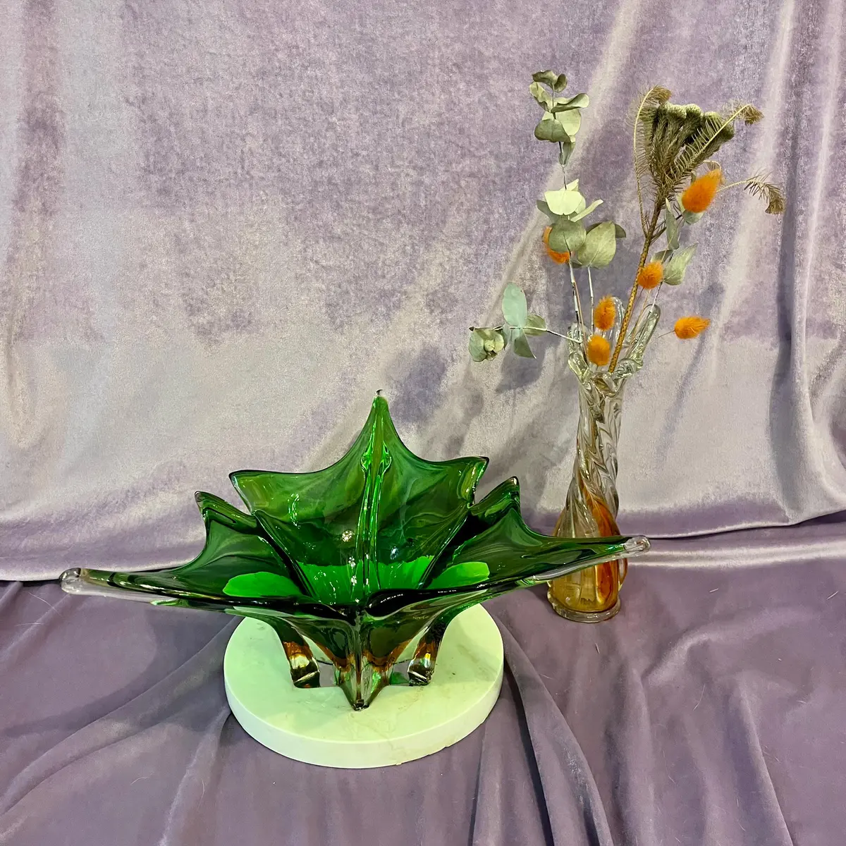 Large Green Murano-Style Art Glass Centrepiece On Marble Base, C. Mid-20Th Century - Sold 2