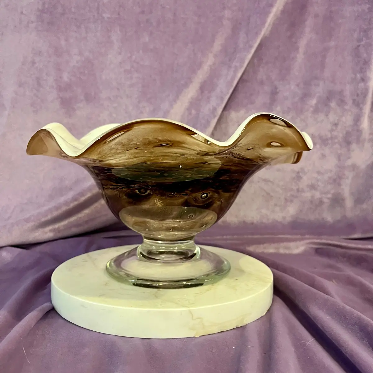 Cream And Caramel Murine Glass Bowl On Marble Base, C. Mid-20Th Century - Sold 1