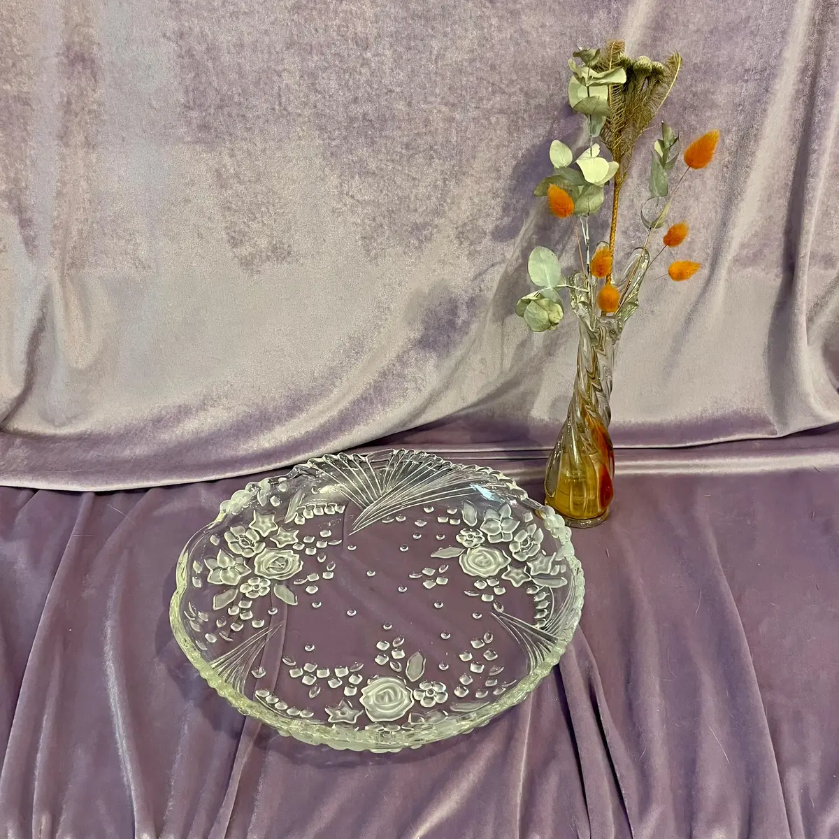 Vintage Pressed Glass Serving Platter With Frosted Floral Fan Motif 1
