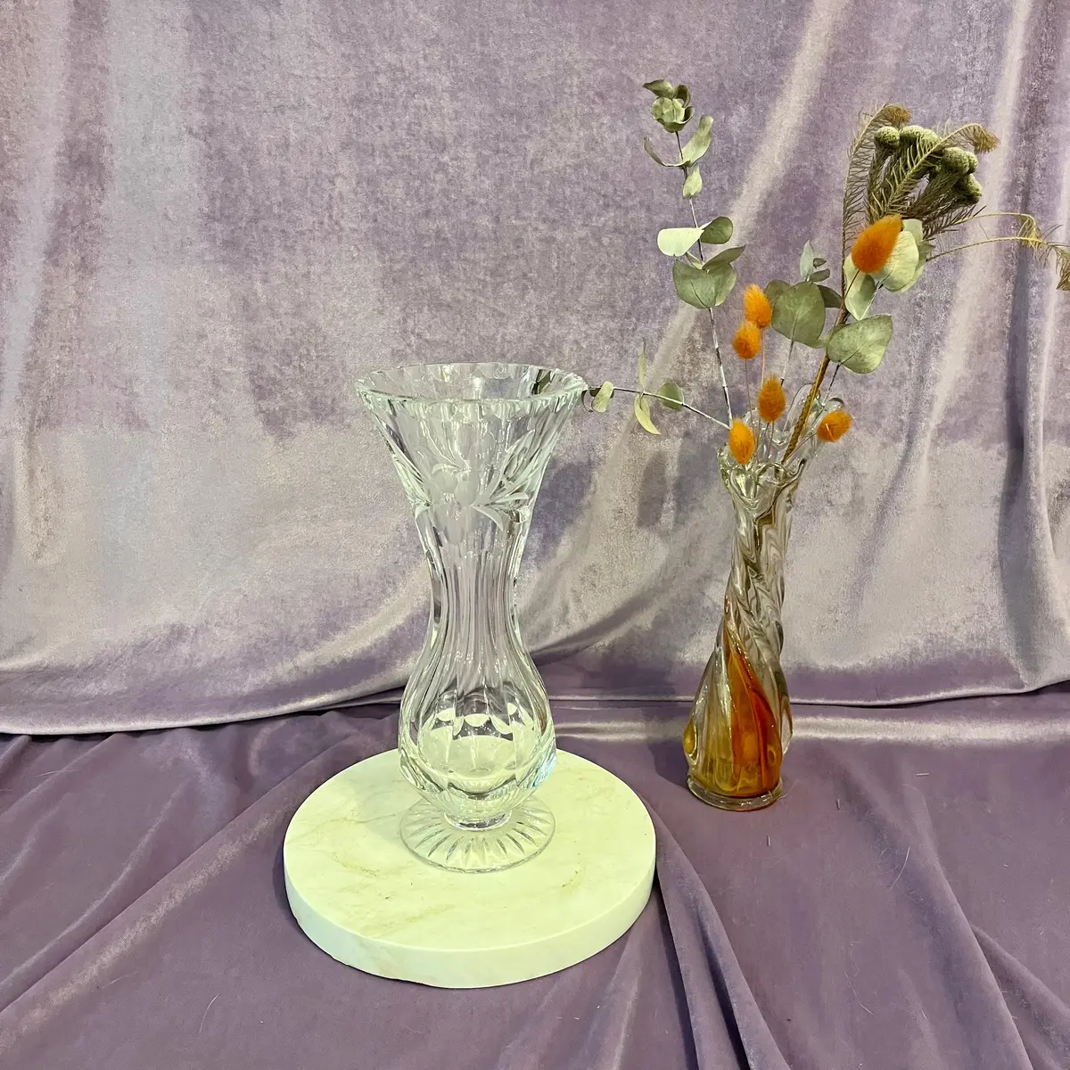 Vintage Cut Crystal Vase With Etched Floral Design 1