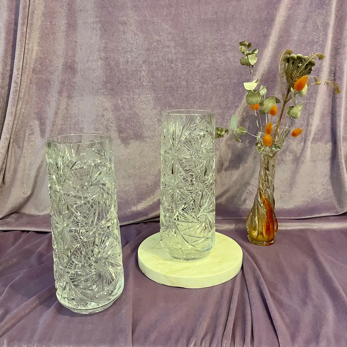 Pair Of Vintage Cut Crystal Star Burst Pattern Cylindrical Vases 1