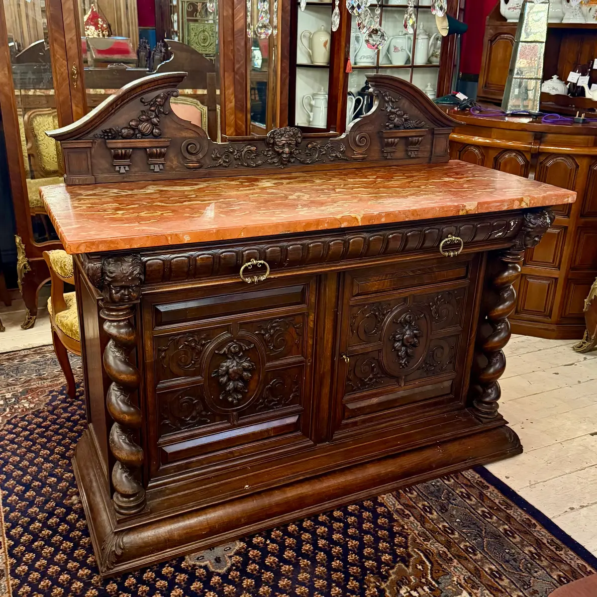 Large Walnut And Marble-Top Buffet With Carved Detail, C. Late 19Th Century 1