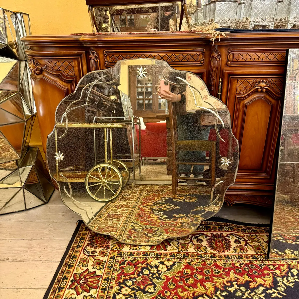 Aged Venetian Scalloped Edge Mirror With Floral Etching 1