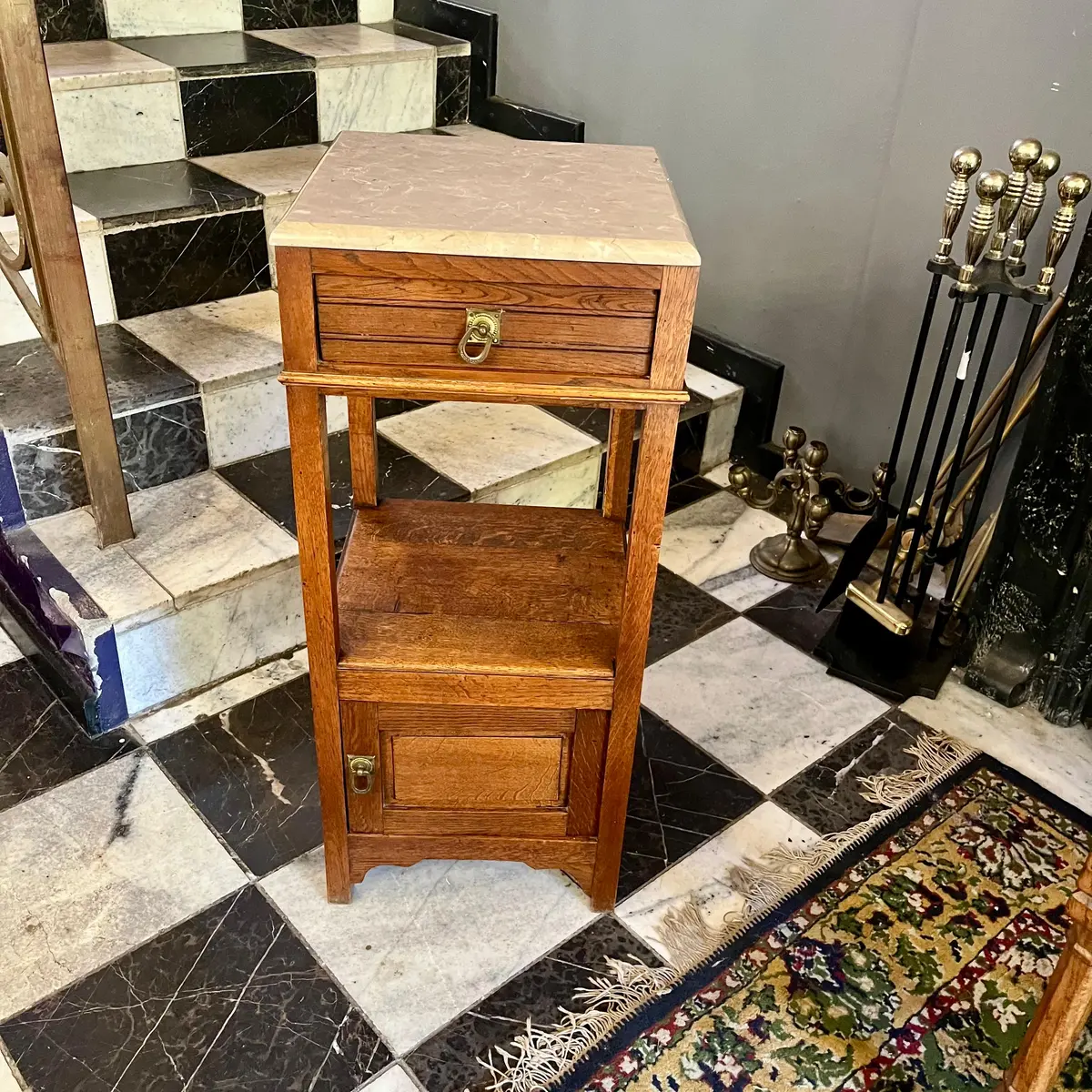 French Oak Pedestal With Beige Marble Top 1