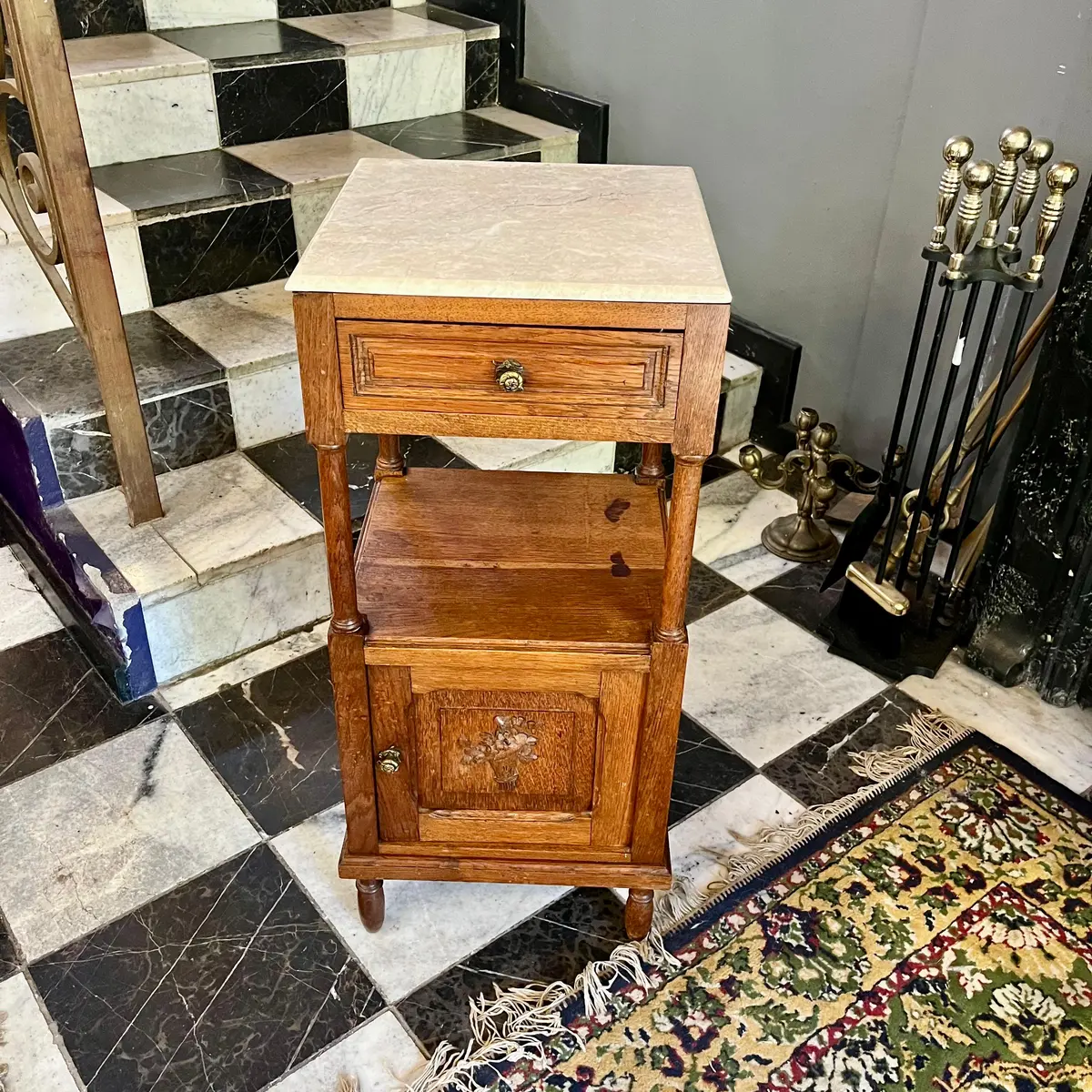 Antique French Oak Pedestal With Beige Marble Top 1