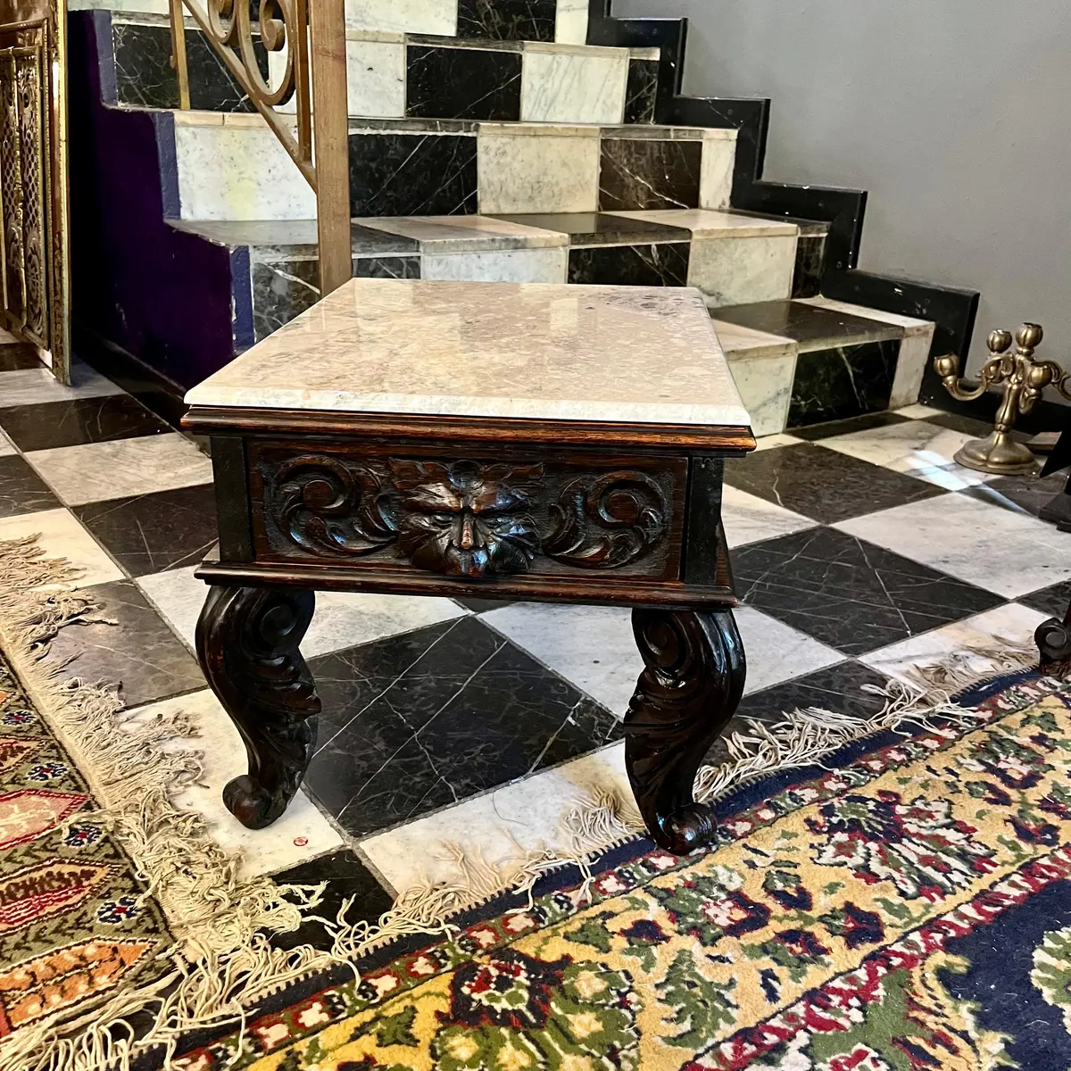 Antique Breton Dark Oak Pedestal With Drawer And White Marble Top 1