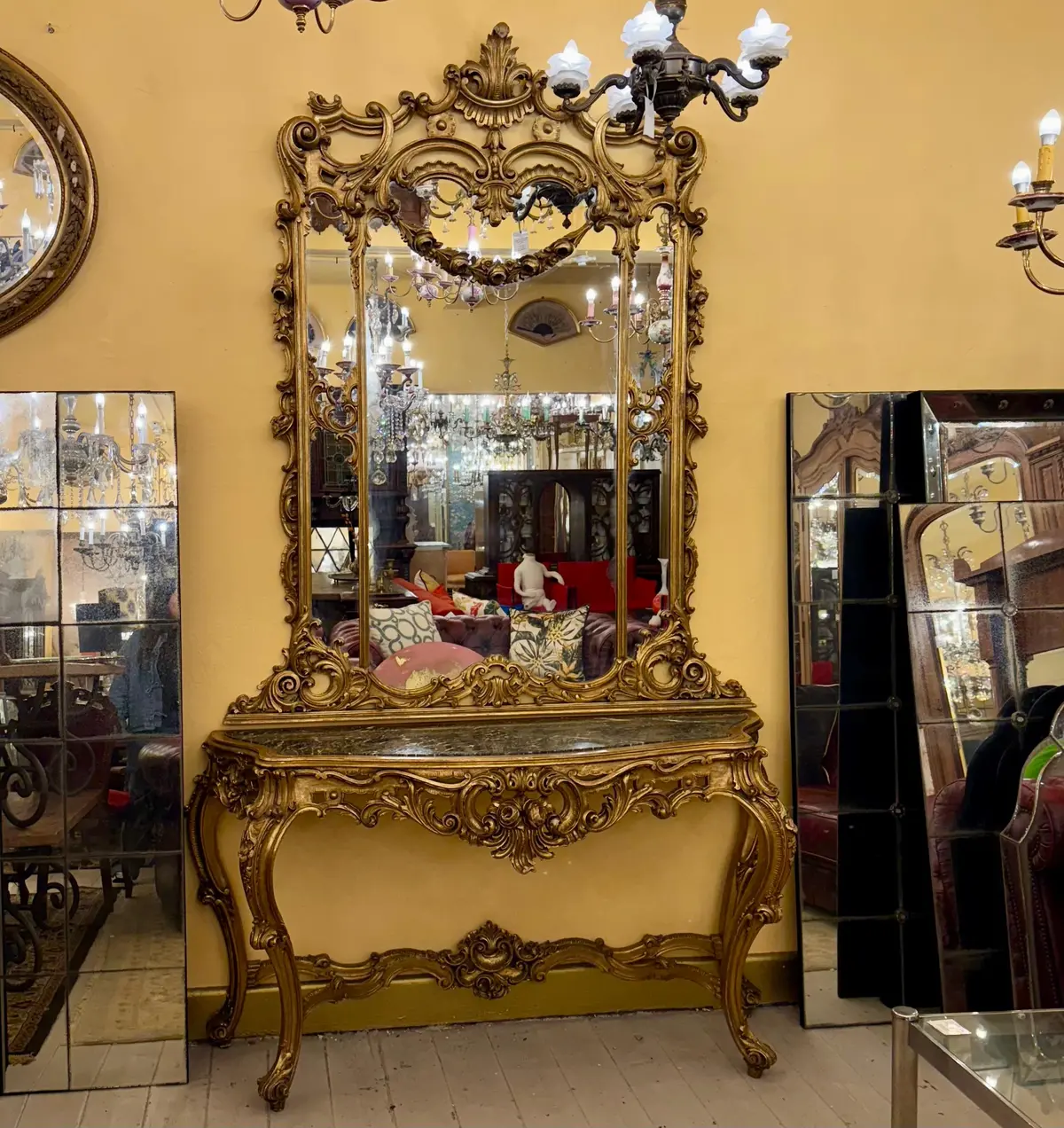 Antique Gilded Rococo Mirror & Marble Topped Console, C.1900 1