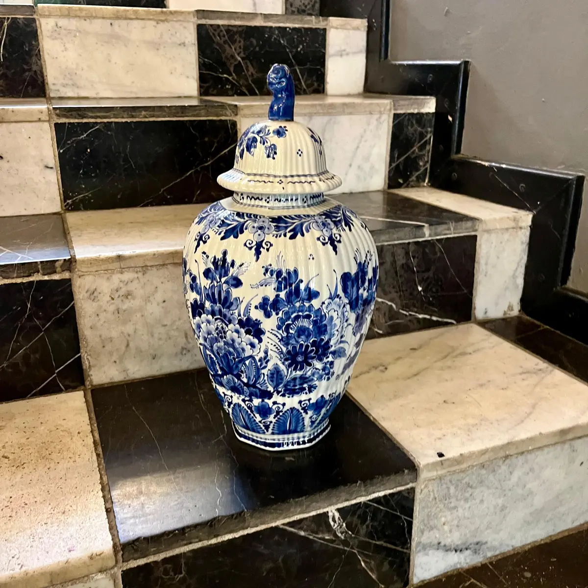 Ribbed Delft Blue & White Lidded Vase, Holland, 20Th Century - Sold 1