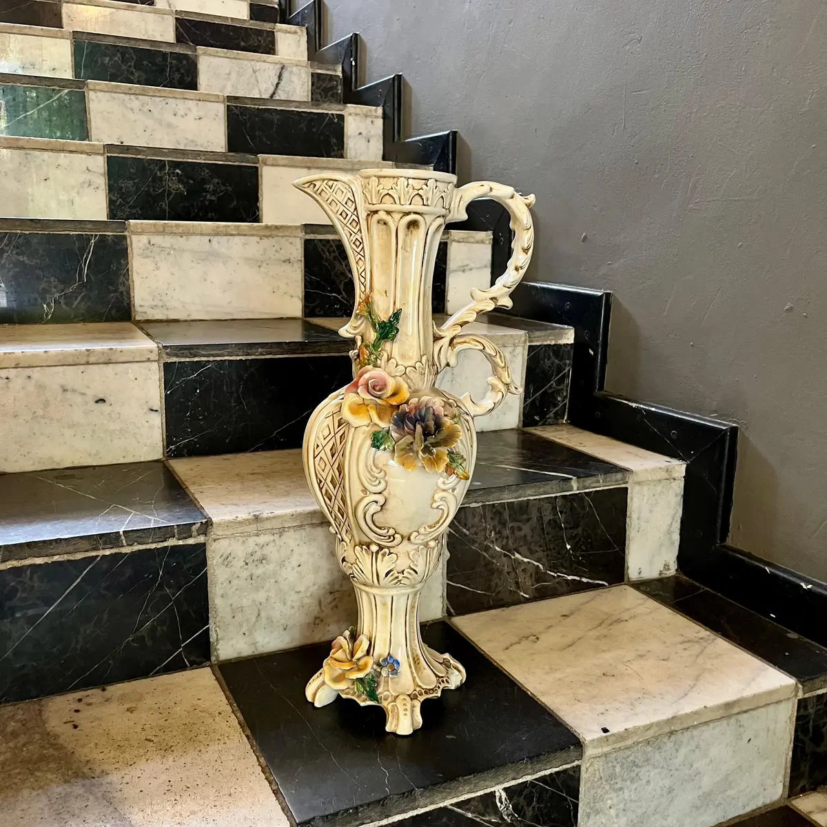 Tall Italian Porcelain Pitcher With Applied Flowers 1