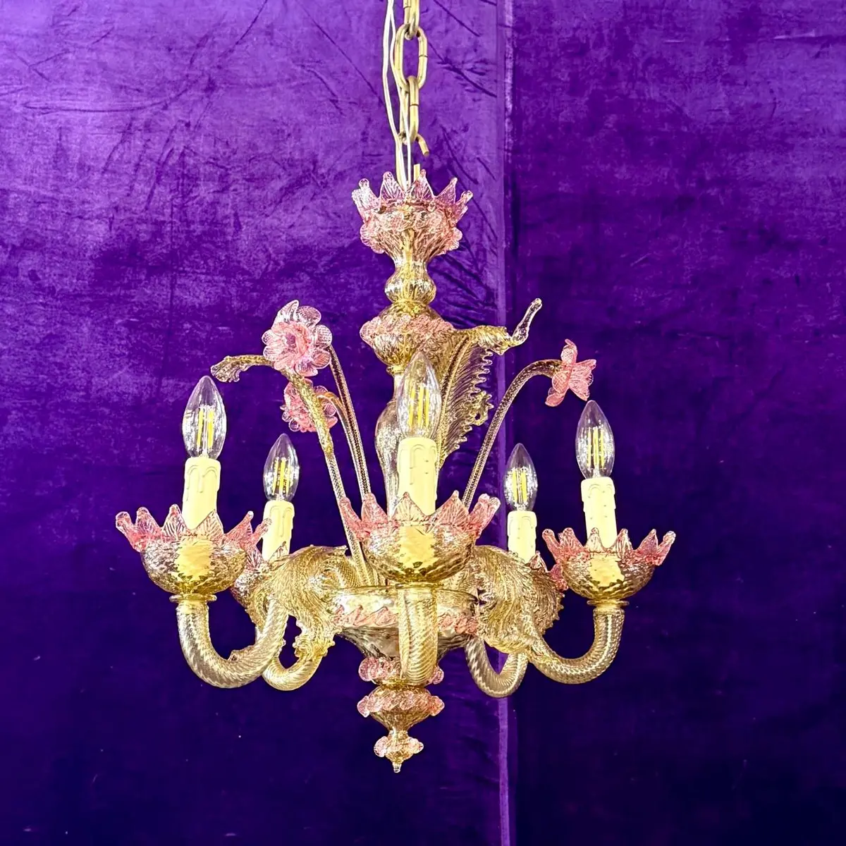 Antique Golden Murano Chandelier With Pink Accents, C. Mid-20Th Century - Sold 1
