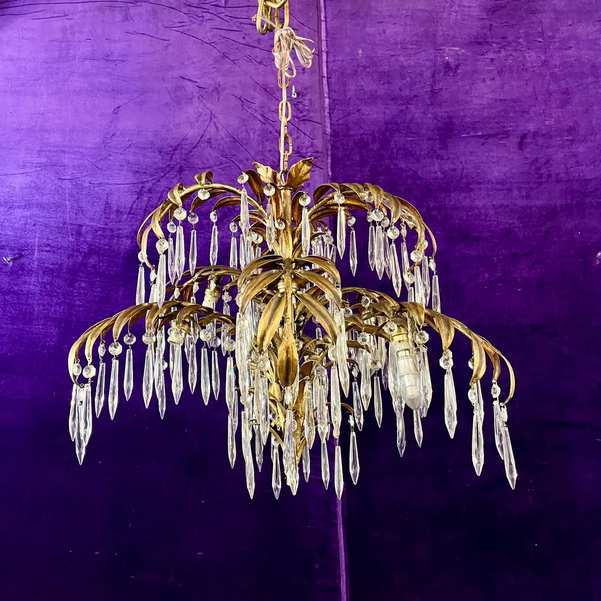 Unusual Palm Frond Chandelier With Original Antique Crystals - Sold 1
