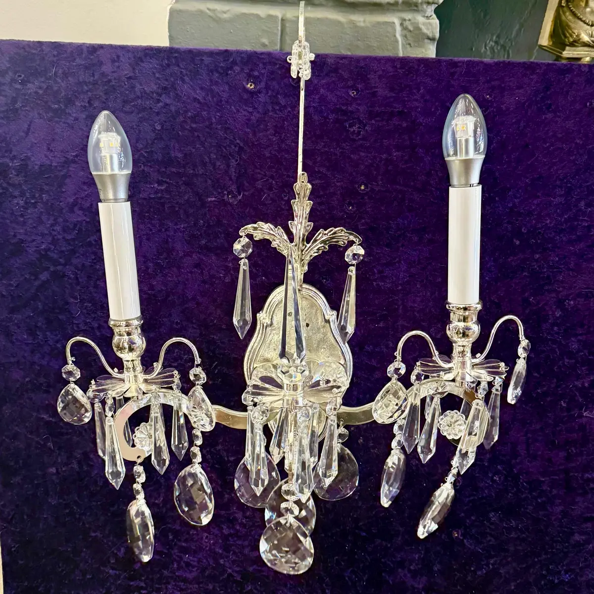 Beautiful Two Armed Nickel And Crystal Wall Sconce - Sold 1