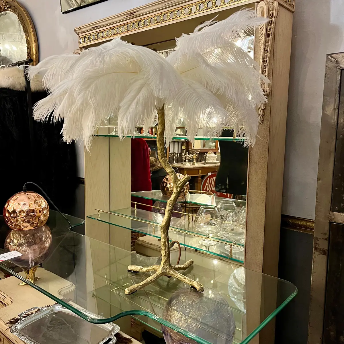 Solid Brass Ostrich Feather Table Lamp, Contemporary - Sold 1