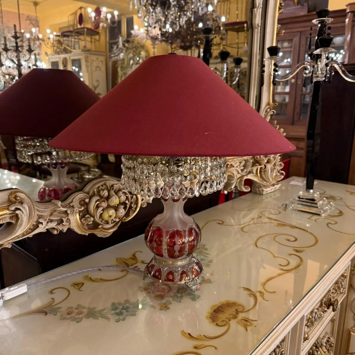 Bohemian Red Glass Lamp With Crystal Fringe, Mid-20Th Century - Sold 1