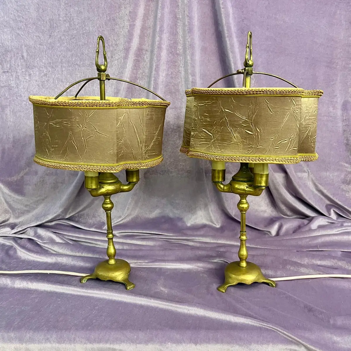 Pair Of Antique Brass Lamps With Dusty Mauve Shade 1