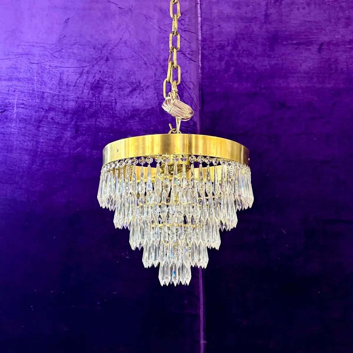 Delos Custom Waterfall Chandelier With Polished Brass Band And Spear Crystals - Sold 1