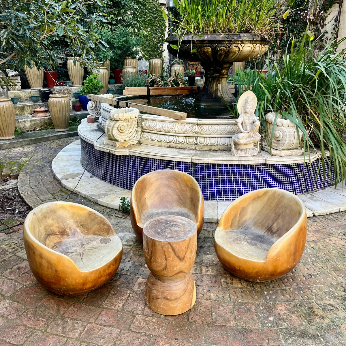 Carved Wooden Tub Chairs And Retro Wood Table 1