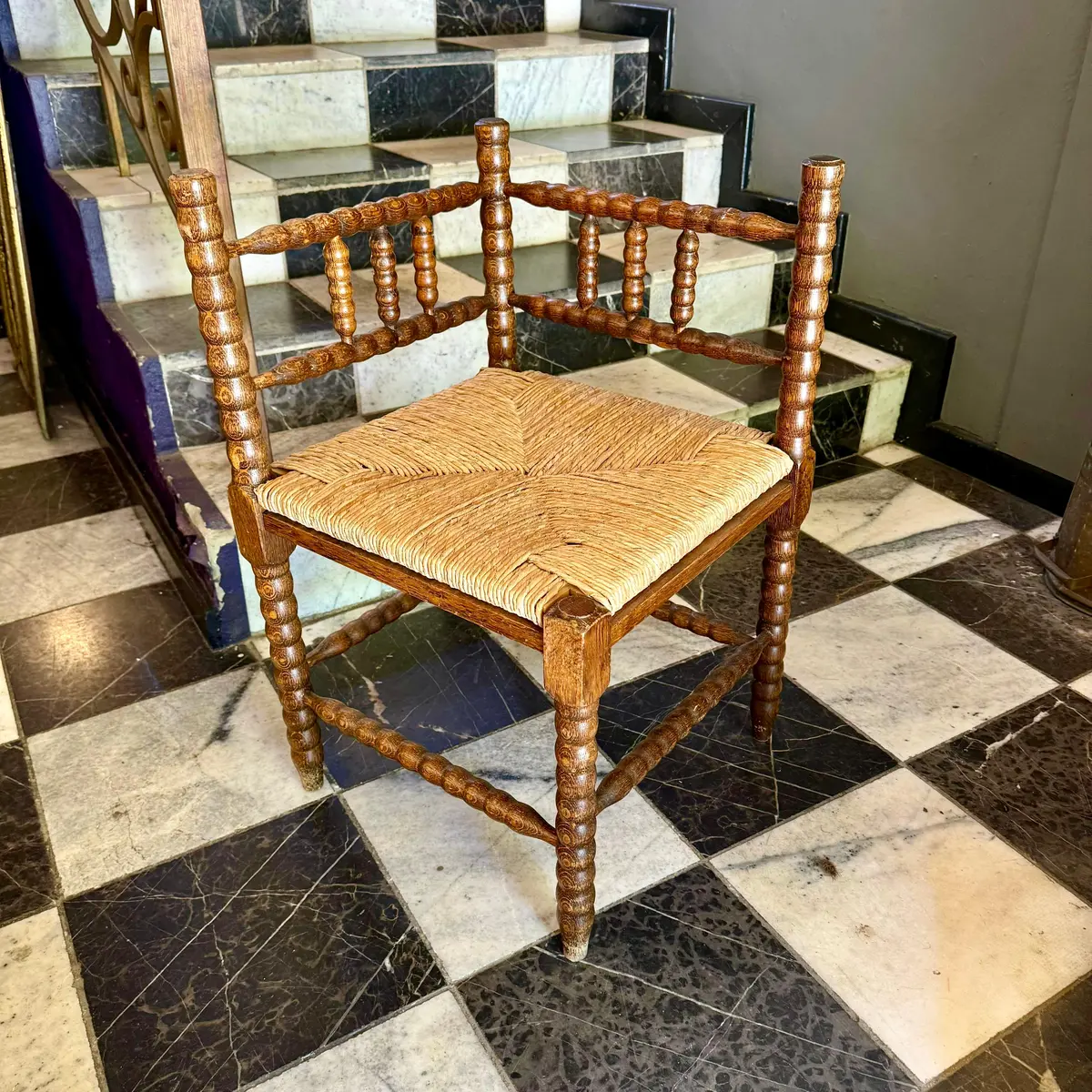 Antique Twisted Oak Corner Chair With Rattan Seat - Sold 1