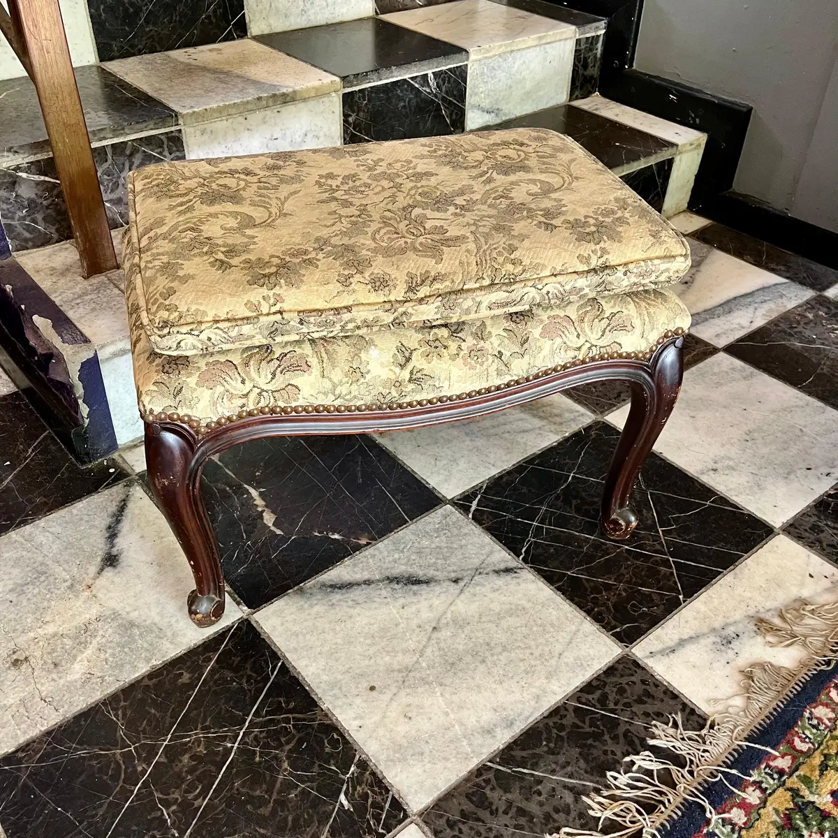 Antique Carved Oak Piano Stool With Brass Studded Floral Upholstery - Sold 1