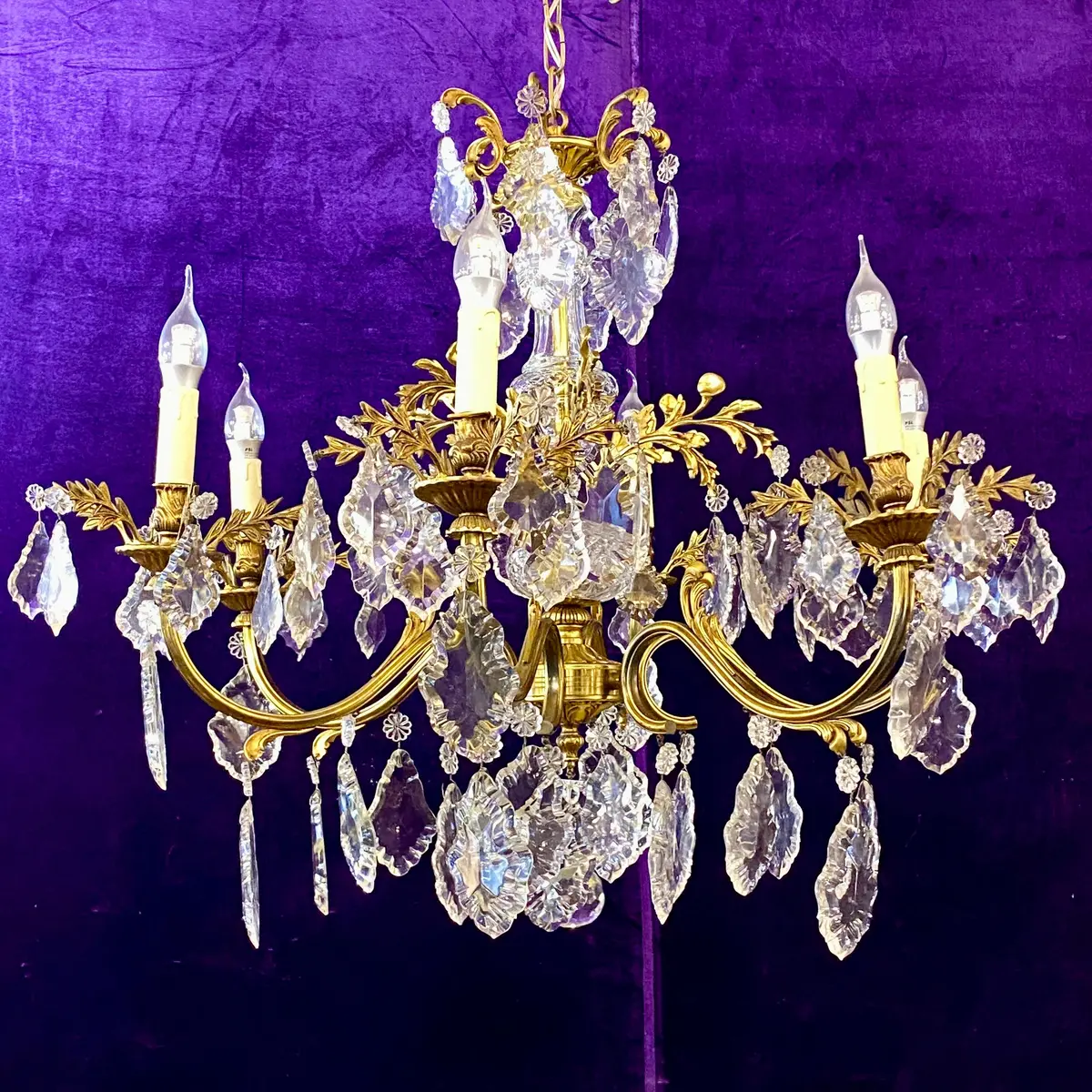 Gilt Brass & Antique French Crystal Chandelier - Sold 1