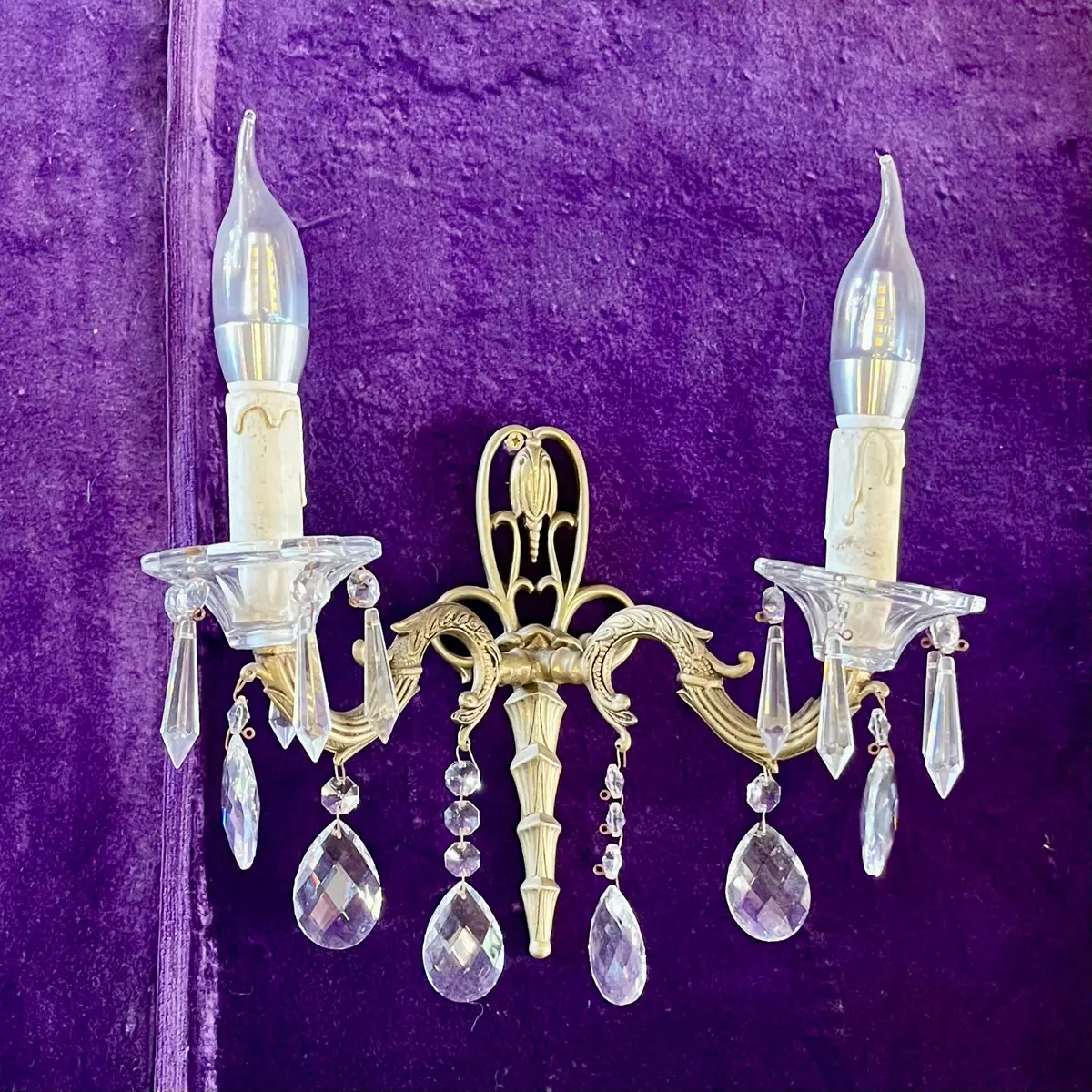 A Single Two Armed Brass And Crystal Sconce 1