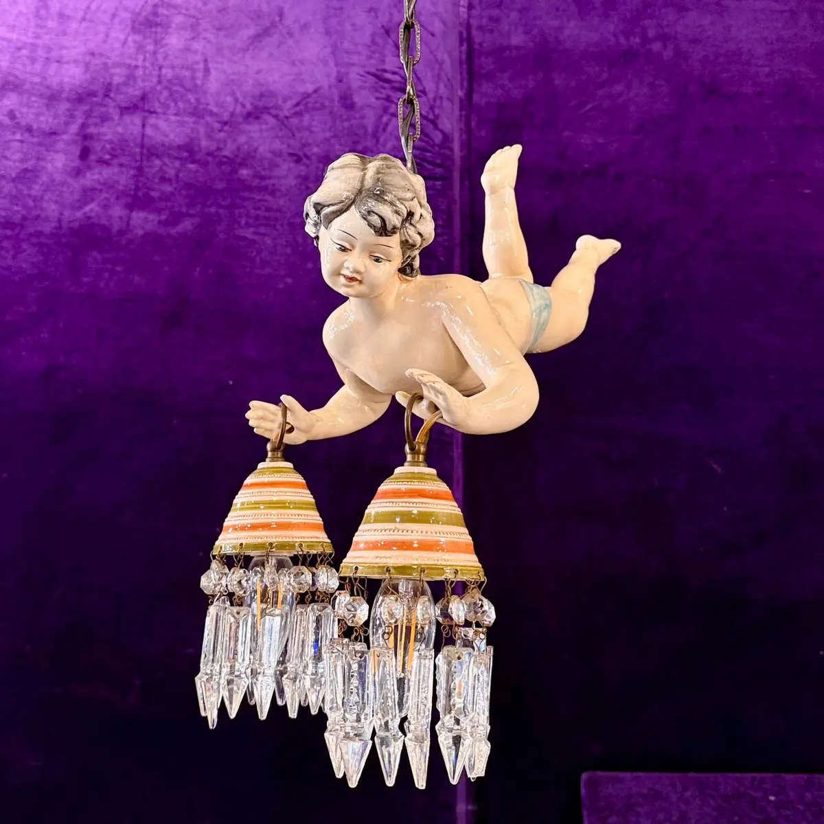 Vintage Ceramic Cherub Twin Light Pendant - Sold 1