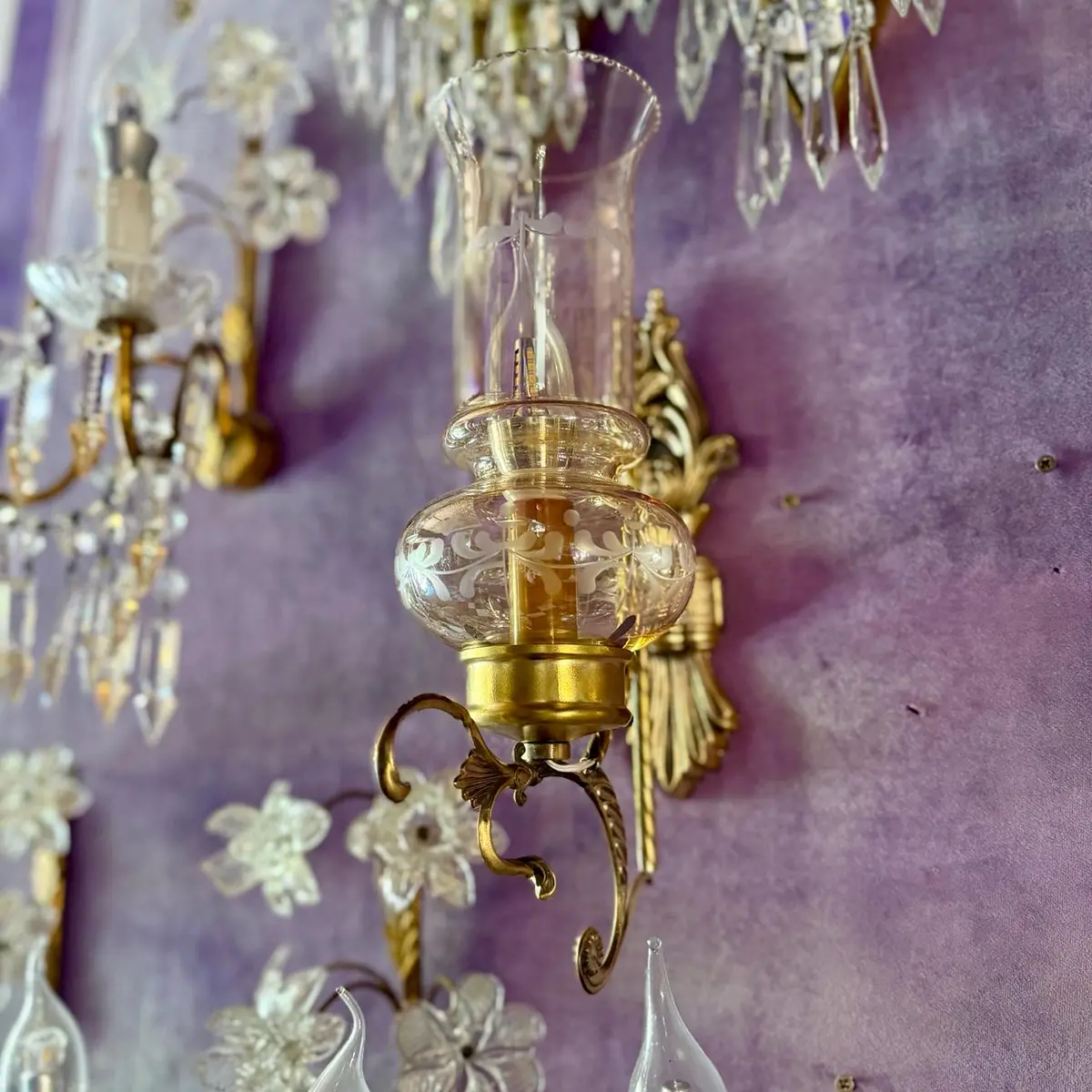 Stunning Antique Brass Wall Sconce With Original Etched Glass Shade - Sold 1