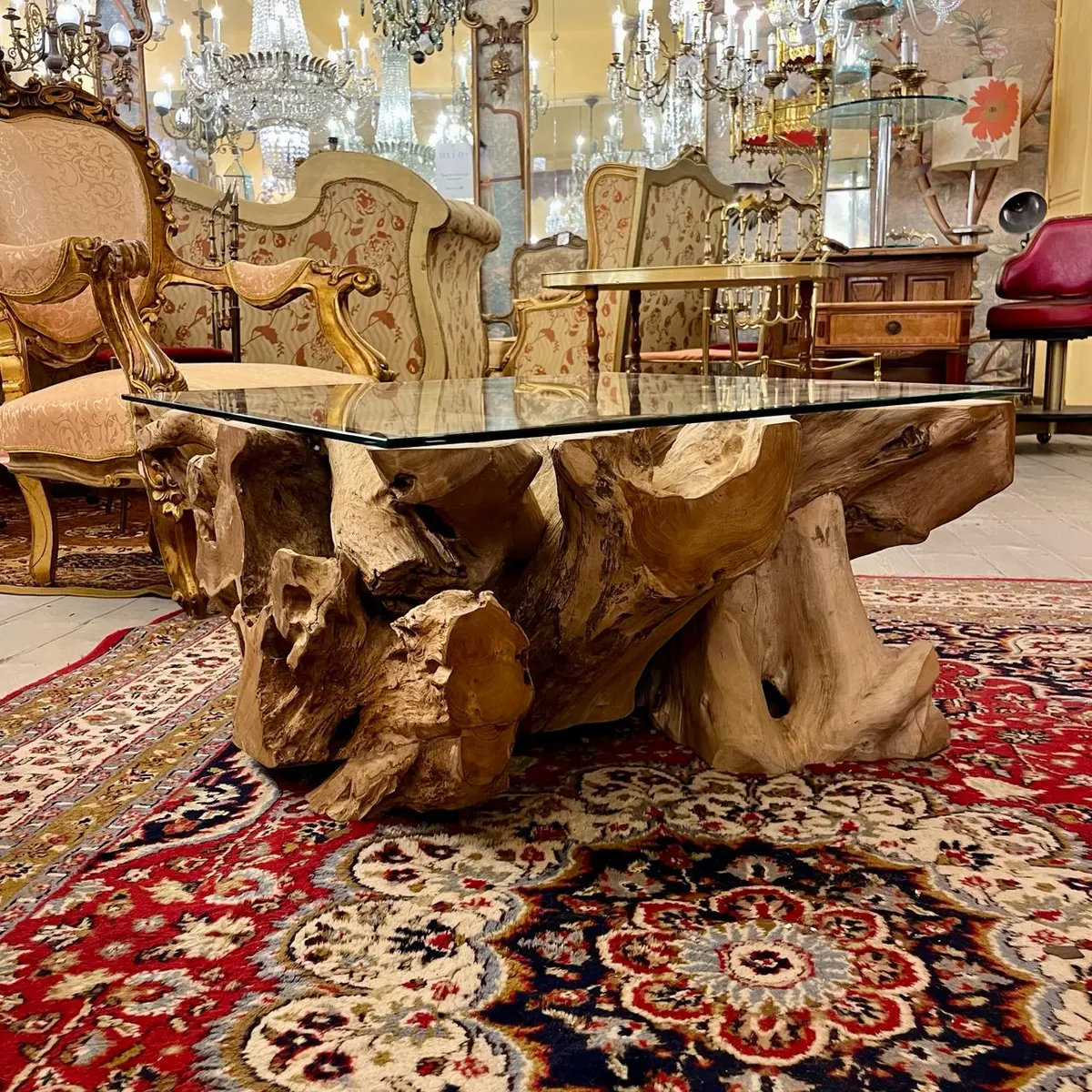 Organic Wooden Root System Coffee Table With Glass Top - Sold 1