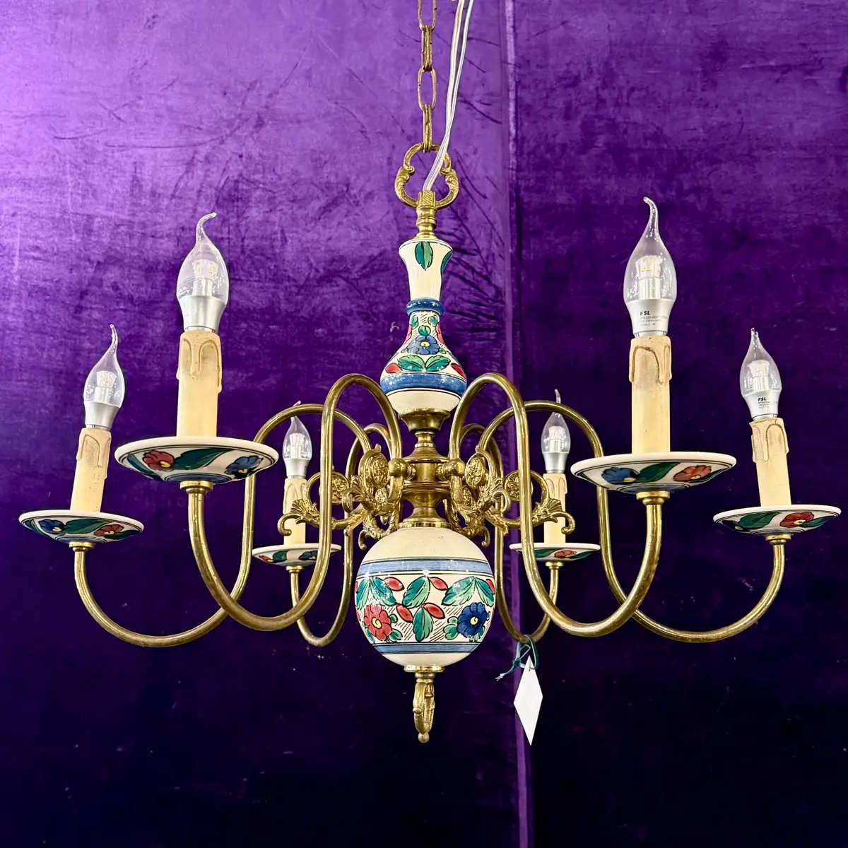 A Flemish Brass Chandelier With Hand-Painted Porcelain Details 1