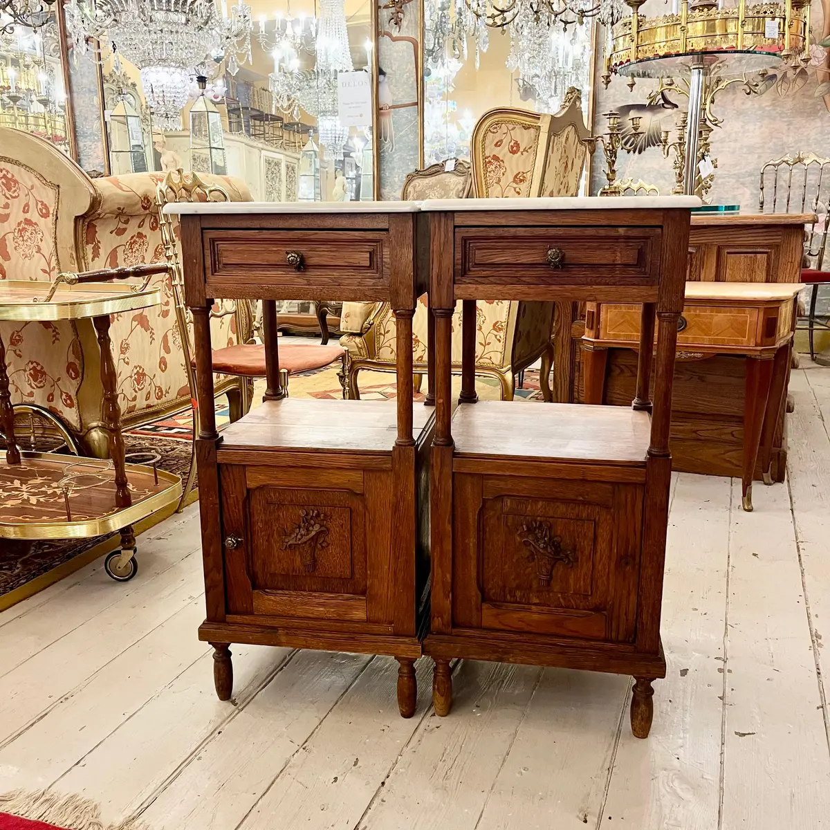 Antique Oak Bedside Pedestals With White Marble Tops 1