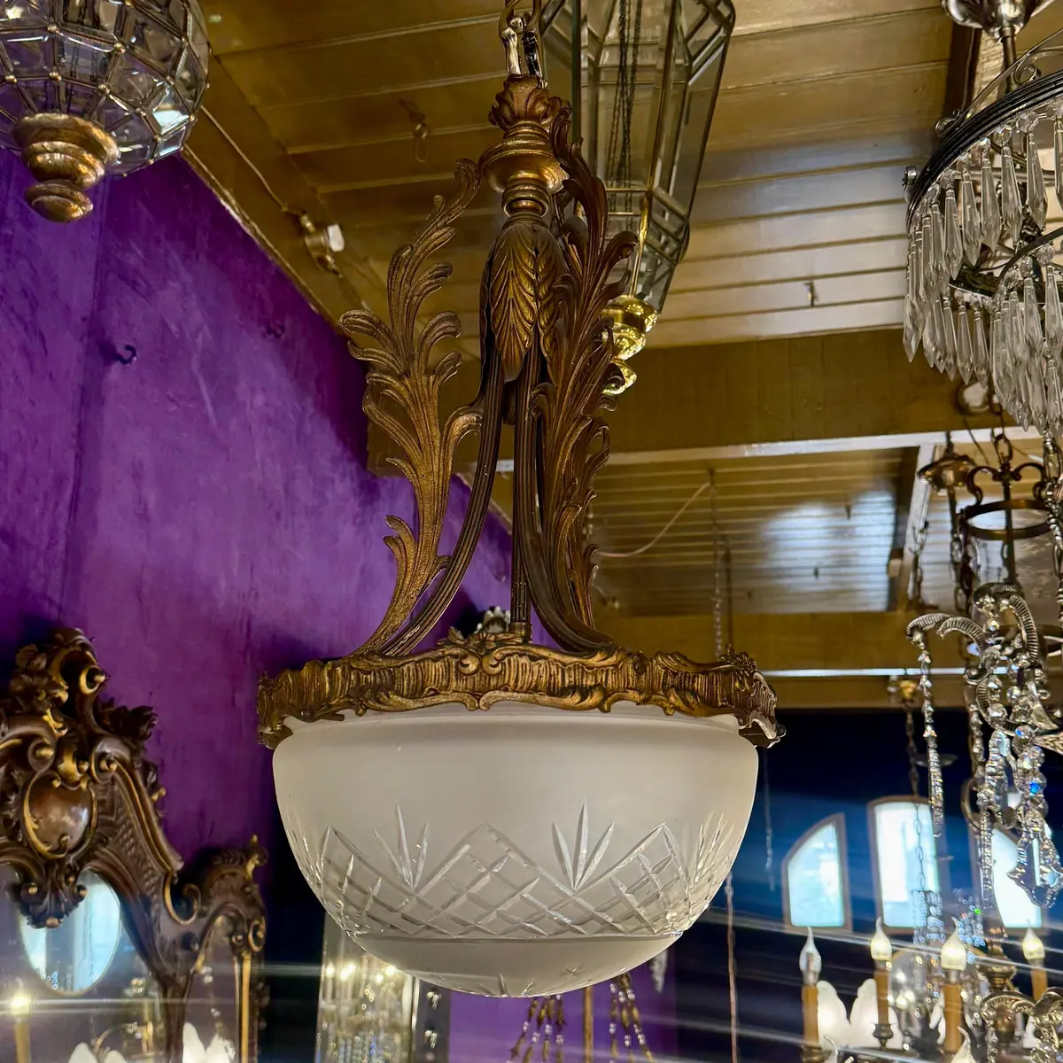 Antique French Brass Chandelier With Original Etched Glass 1