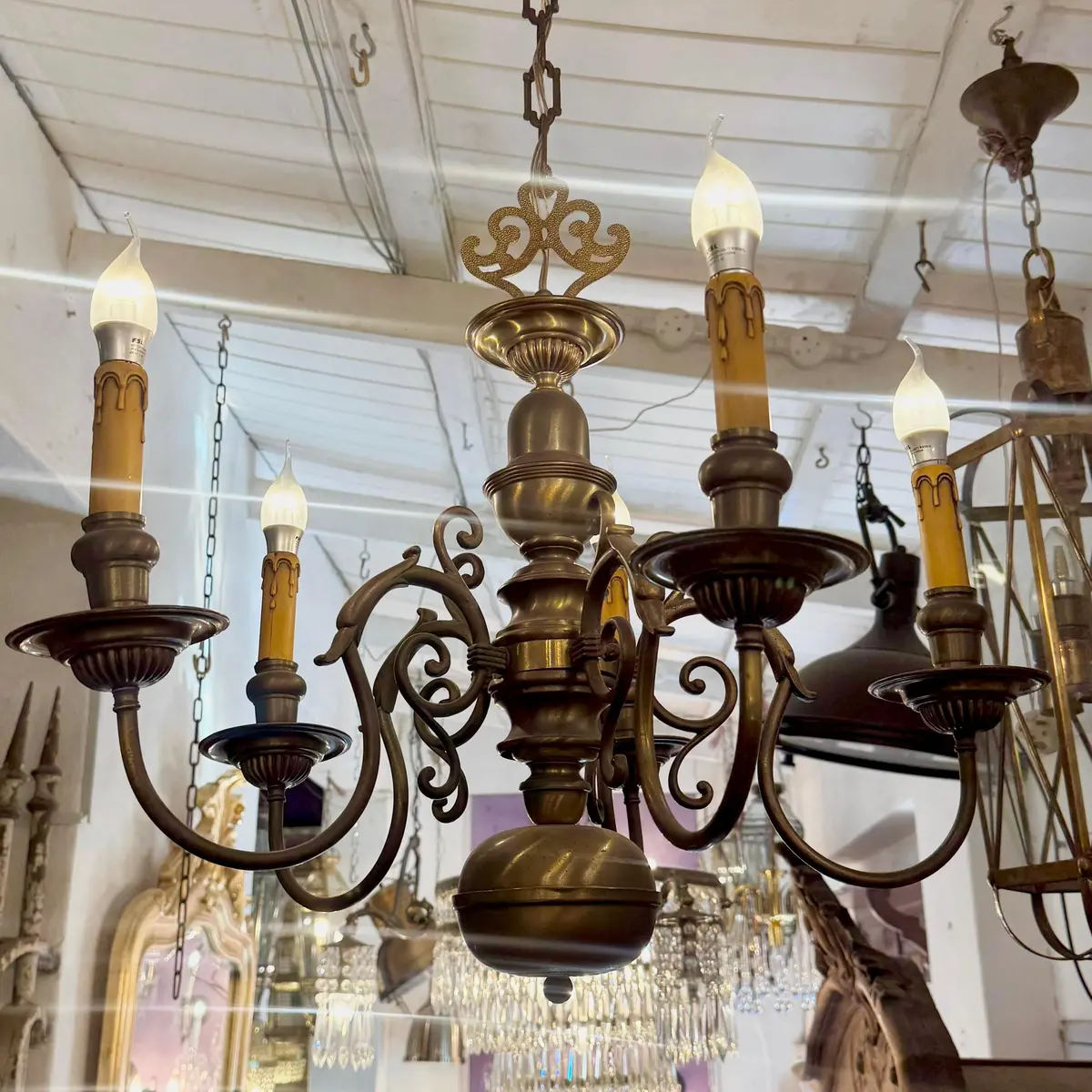 Antique Flemish Brass Six-Light Chandelier With Scroll Detail, Mid 20Th Century 1