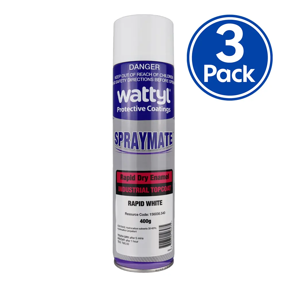 Wattyl Spraymate Industrial Quick Dry 1K Enamel Topcoat 400G Aerosol Gloss White X 3 Pack 1