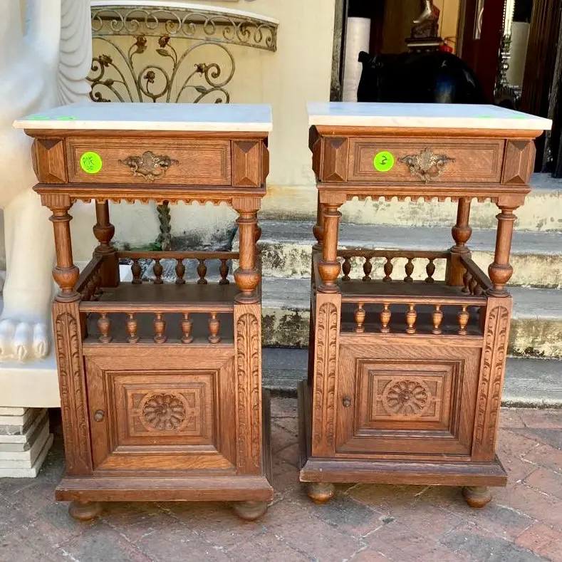Pair Of Dark French Oak Pedestals With Marble Top - Sold 1