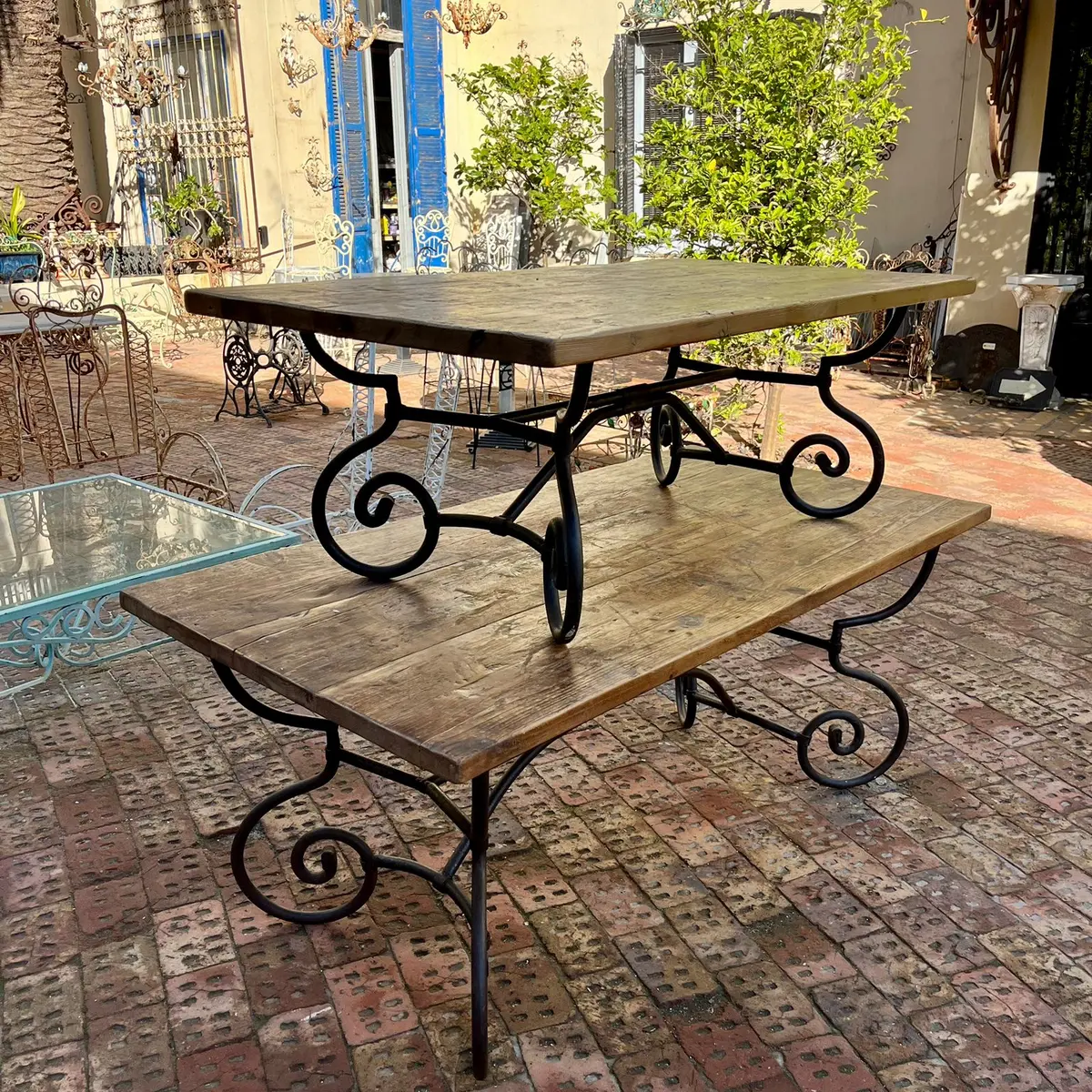 Rustic Wood And Wrought Iron Dining &Amp; Coffee Tables, European, Late 20Th Century 1