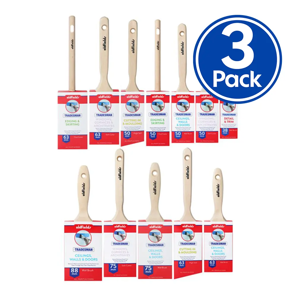 Oldfields Tradesman Range Wall Sash Angle Oval Paint Brush 38Mm To 88Mm X 3 Pack 1