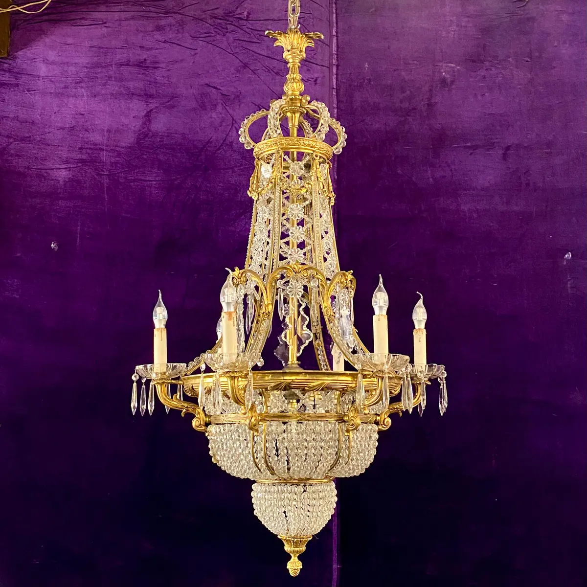 Very Rare Gilt Brass & Crystal Neoclassical Chandelier 1
