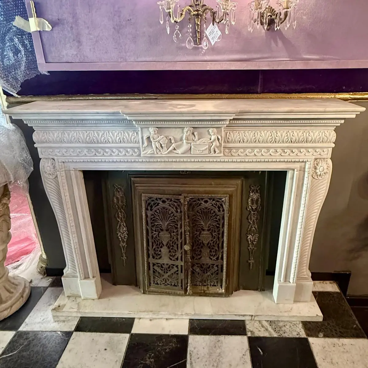 Hand Carved White Marble Fireplace 1
