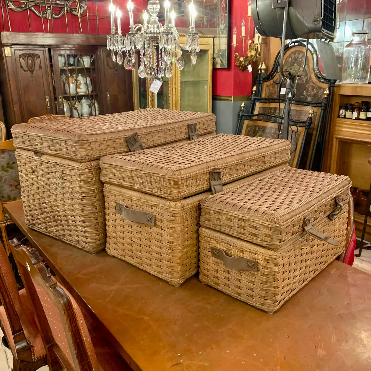 Wicker Basket With Leather Straps - Sold 1
