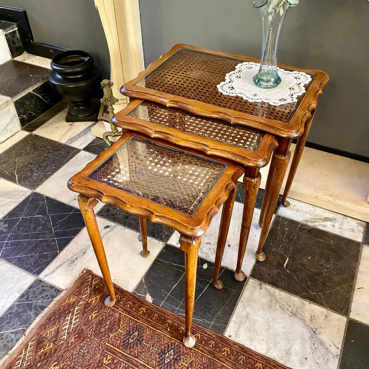 Beautiful Antique Oak And Rattan Nesting Tables - Sold 1