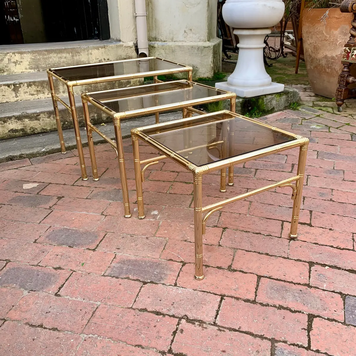 Vintage Brass And Smokey Glass Nesting Tables 1
