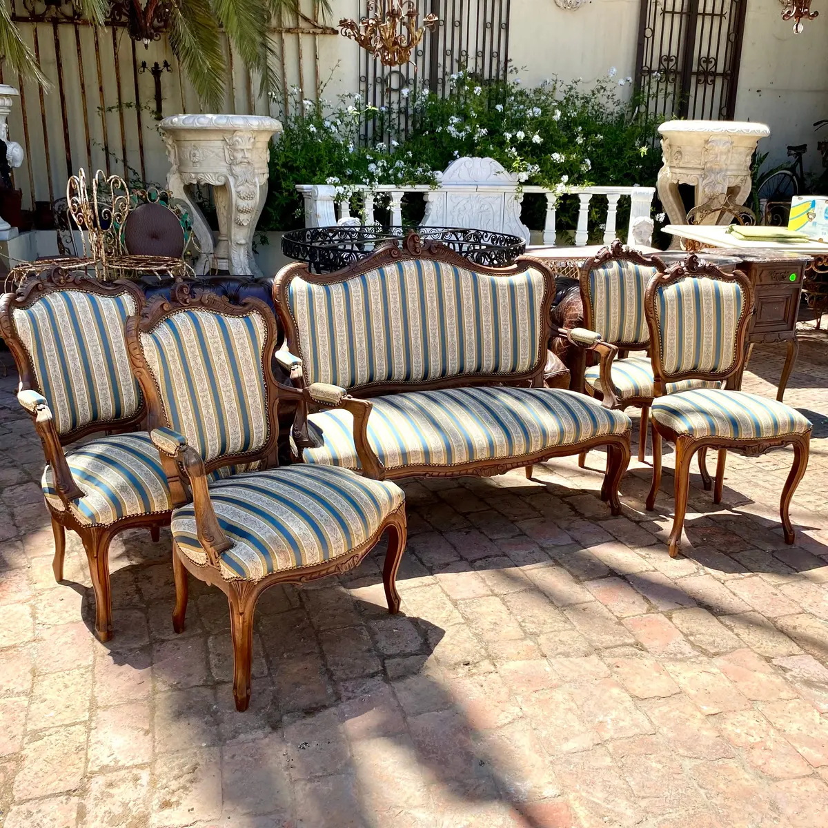 Antique Carved Walnut Saloon Set With Striped Upholstery 1