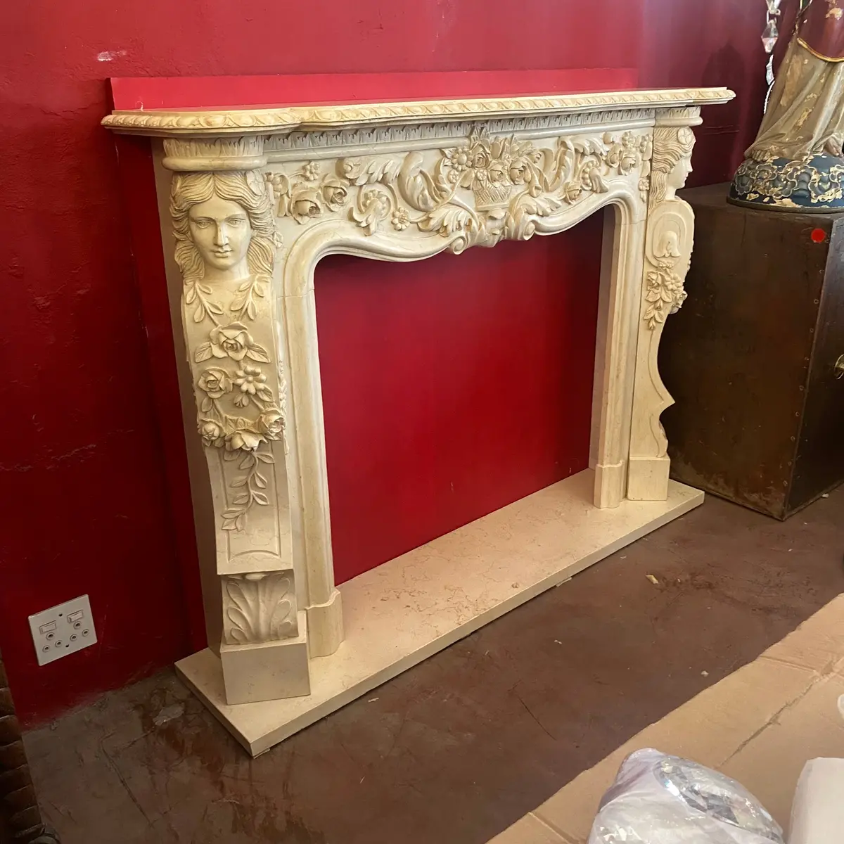 Ornately Carved Creme Marble Fireplace - Sold 1
