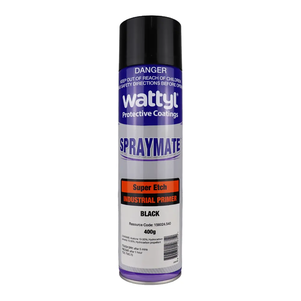 Wattyl Spraymate Industrial Super Etch 1K Epoxy Rich Metal Primer 400G Aerosol Black 1